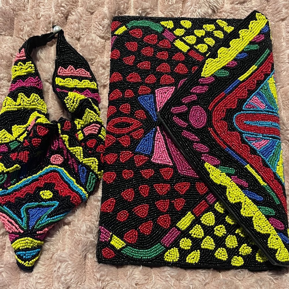 Colorful Beaded Clutch and Scarf Set